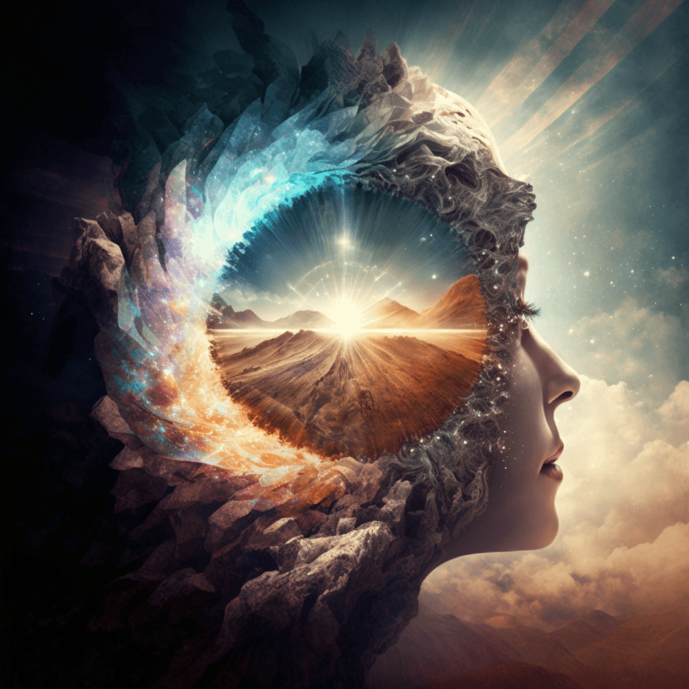 Despertar espiritual: un perfil que se abre a un paisaje al amanecer tras la noche oscura del alma